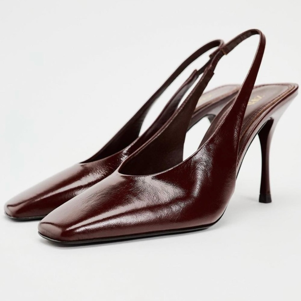 NWT - Zara Burgundy High Heel Leather Sling Backs - Size 38